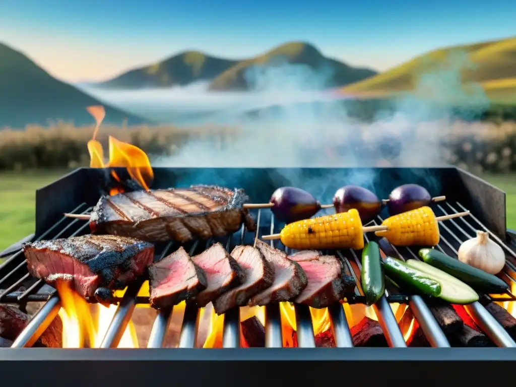 Vibrante escena de parrillada uruguaya tradicional con amigos disfrutando, en el campo bajo cielo azul