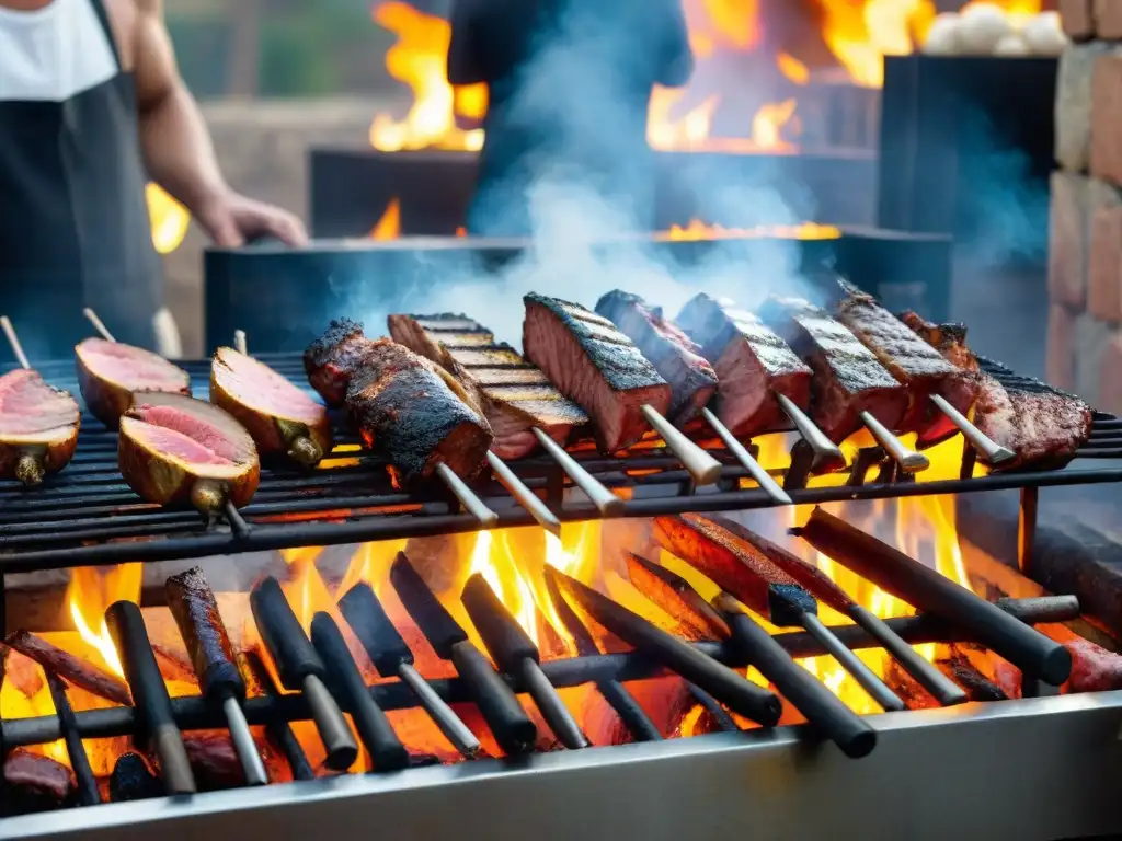 Vibrante escena de técnicas de asado uruguayo con cortes de carne sizzling sobre la parrilla, rodeados de personas en animada conversación