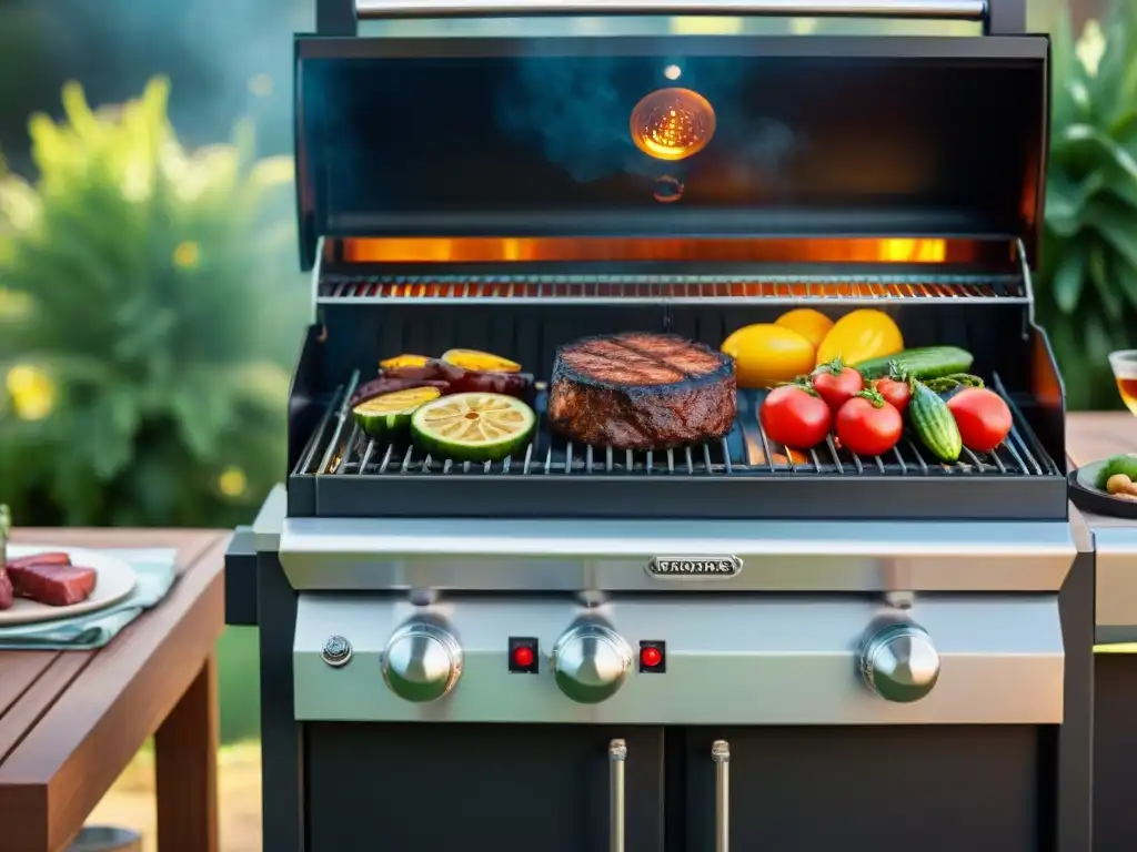 Un vibrante escenario de asado: parrillas eléctrica y solar, carne y vegetales sizzling bajo el sol