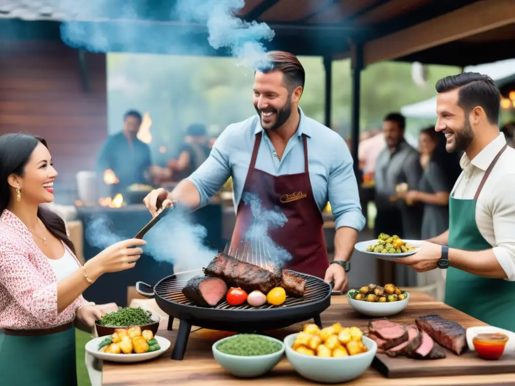 Vibrante evento al aire libre con asado uruguayo, invitados en conversaciones animadas bajo luces brillantes