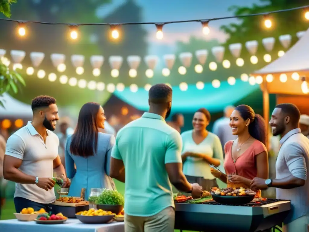 Vibrante evento de asado al aire libre con patrocinadores, gente diversa y deliciosa comida a la parrilla bajo luces y vegetación exuberante