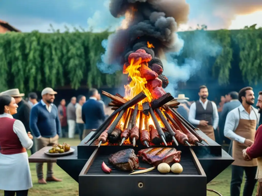 Un vibrante evento de asado en Uruguay con gente diversa alrededor de una parrilla gigante