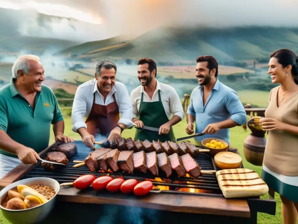 Un vibrante evento de asado en Uruguay: parrilla llena de carne, gente riendo y paisaje campestre