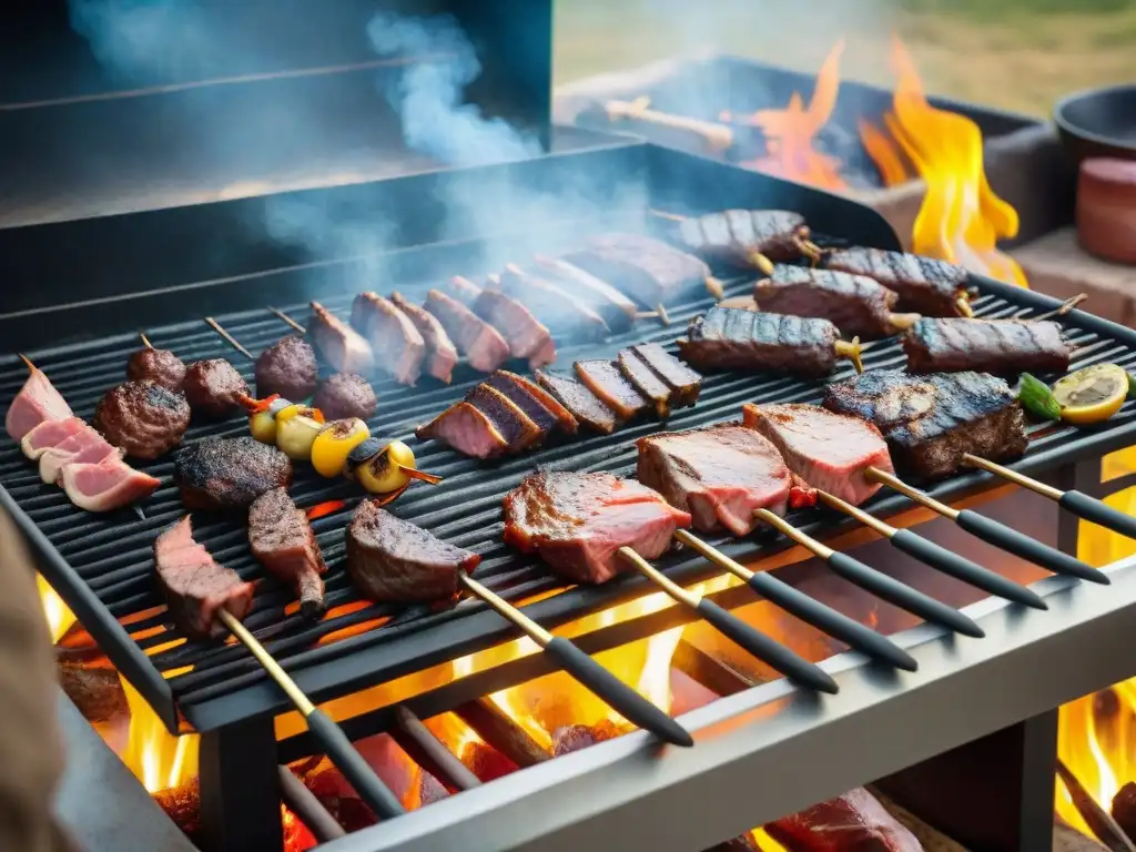 Un vibrante evento de asado en Uruguay con una parrilla tradicional cargada de carnes, rodeada de personas diversas disfrutando la fiesta