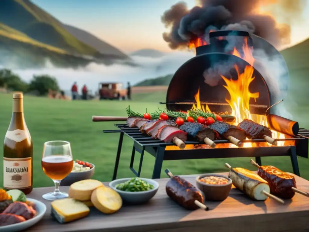 Vibrante evento de asado uruguayo empresarial: parrilla humeante, comida deliciosa y atmósfera festiva