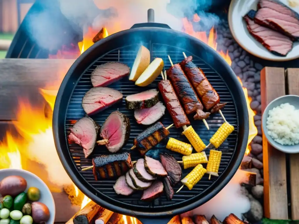 Vibrante evento de asado en Uruguay: variedad de carnes en la parrilla, gente disfrutando alrededor de mesas de madera y coloridas decoraciones