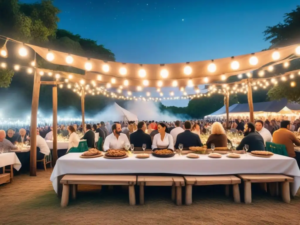 Vibrante festival al aire libre en Uruguay con asado y empanadas bajo las luces, en un ambiente festivo