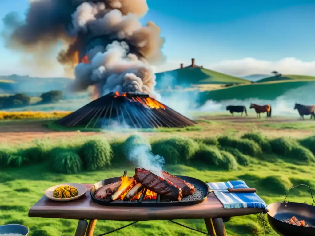 Un vibrante festival de asado al aire libre en Uruguay, con campos verdes y flores silvestres, locales disfrutando alrededor