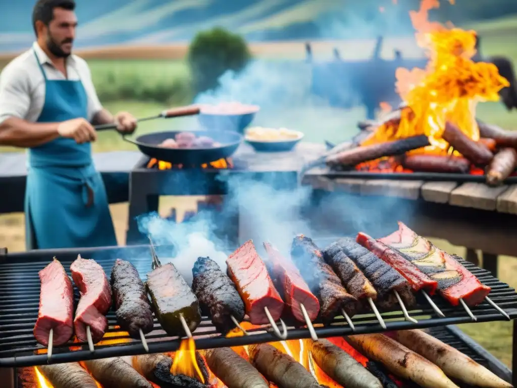 Un vibrante festival de asado en Uruguay: gauchos asando carne a la parrilla mientras visitantes disfrutan la festividad