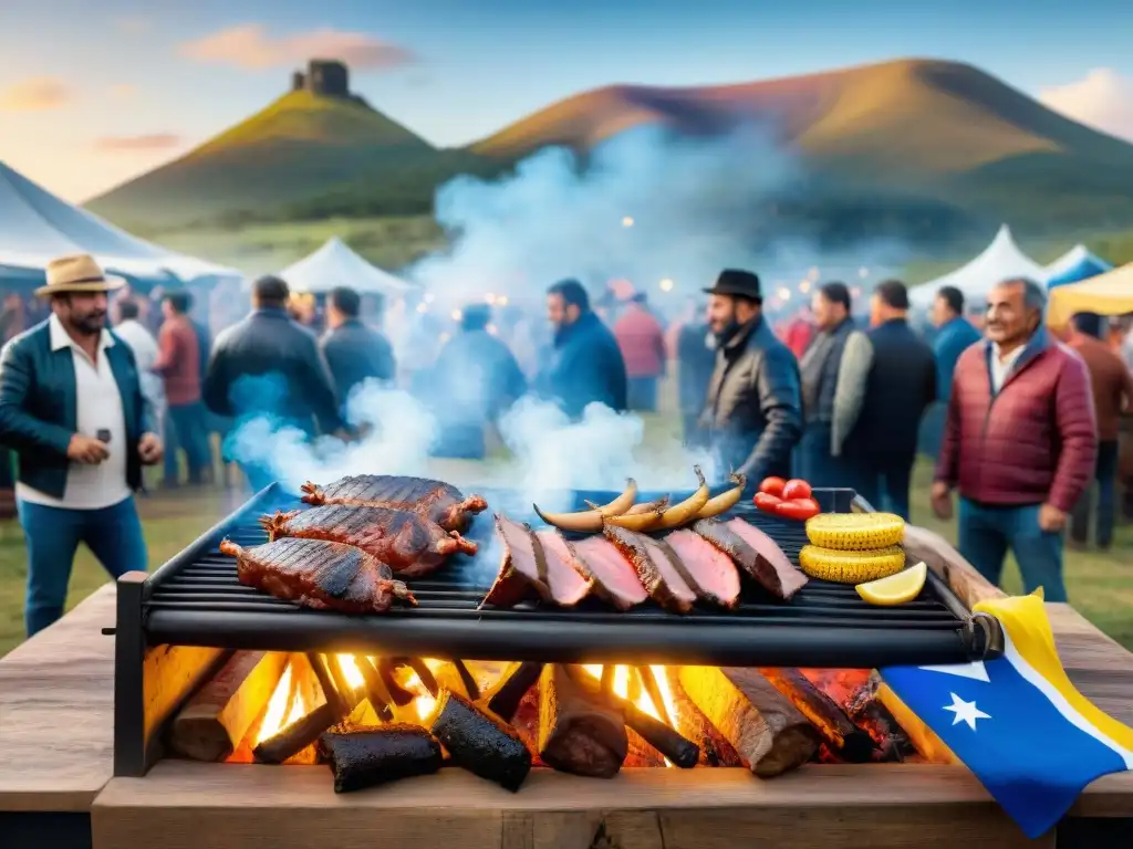 Un vibrante festival de asado en Uruguay: parrilla, banderas y celebración comunitaria al atardecer