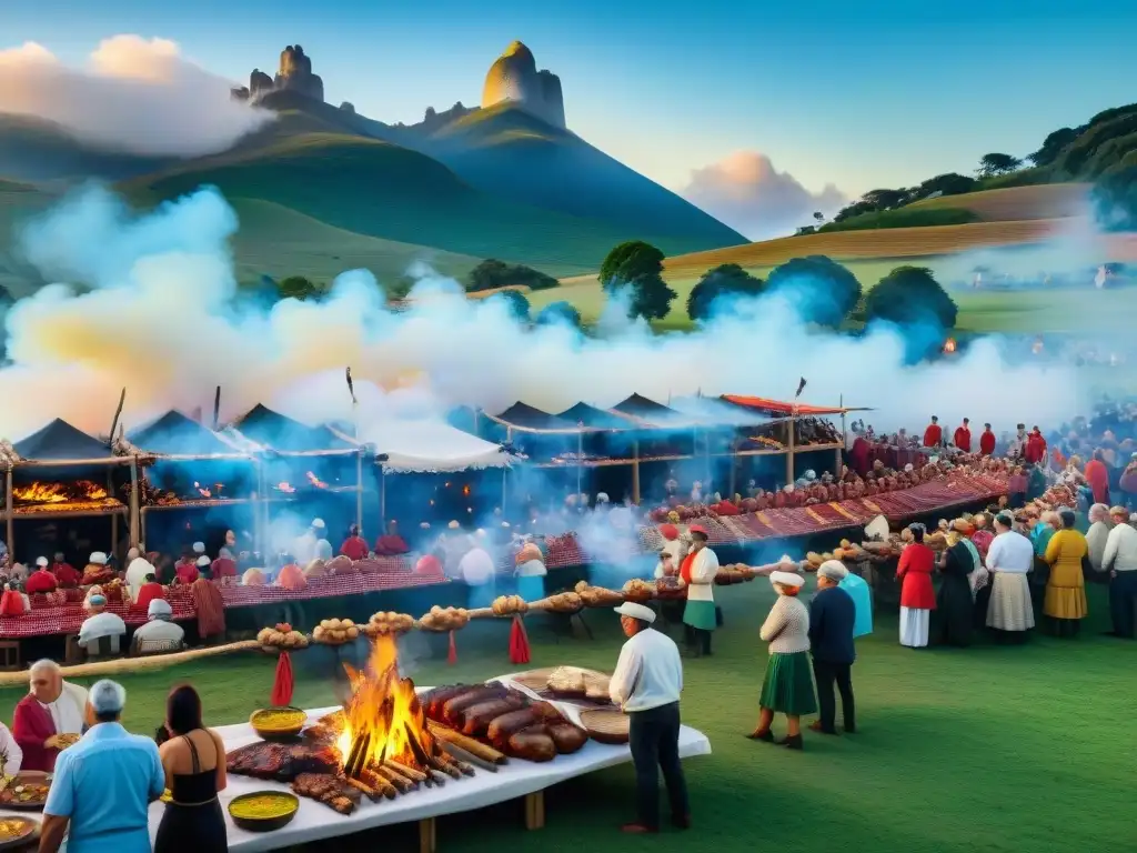 Vibrante festival de asado en Uruguay: familias disfrutan de comida, música y decoraciones coloridas bajo el cielo azul y colinas verdes