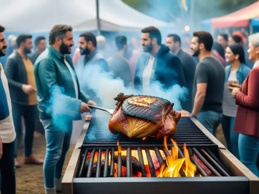 Vibrante festival de asado en Uruguay: gente diversa disfrutando alrededor de una parrilla gigante con carne sizzling