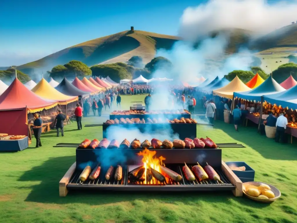 Vibrante festival de asado en Uruguay: gente riendo y disfrutando bajo coloridas carpas en un entorno natural