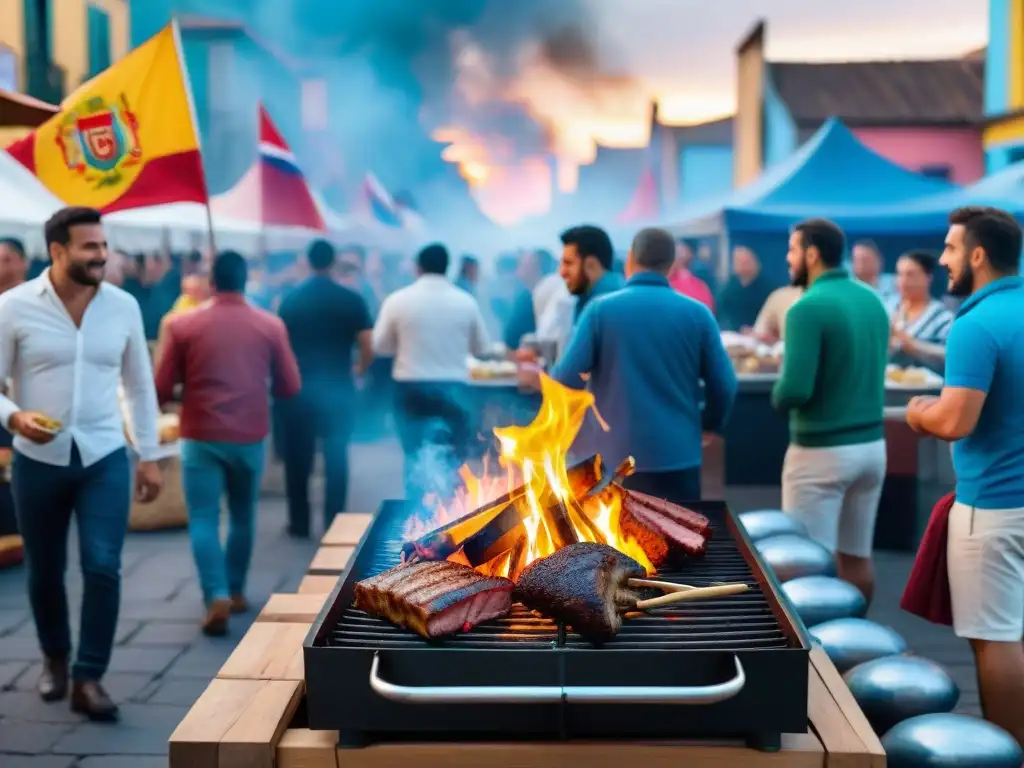 Vibrante festival de asado en Uruguay con multitud disfrutando del aroma y la comida a la parrilla