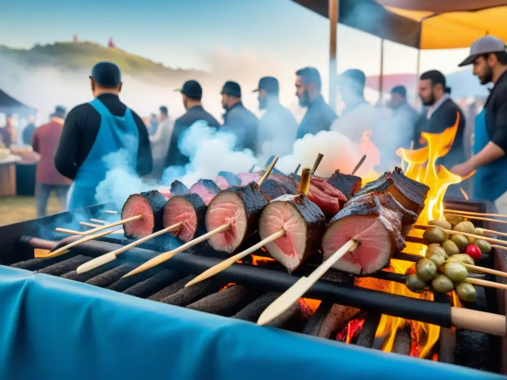 Vibrante festival de asado en Uruguay con multitud bajo cielo azul y puestos de carne a la parrilla