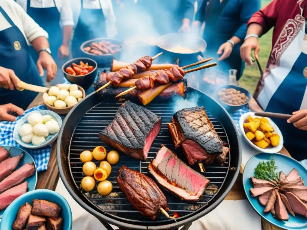 Vibrante festival de asado en Uruguay: parrilla con carne, gente celebrando y cielo azul