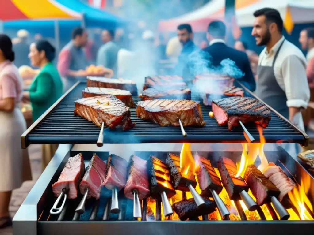 Vibrante festival de asado en Uruguay: carne a la parrilla, humo, chefs y multitud disfrutando bajo el sol sudamericano