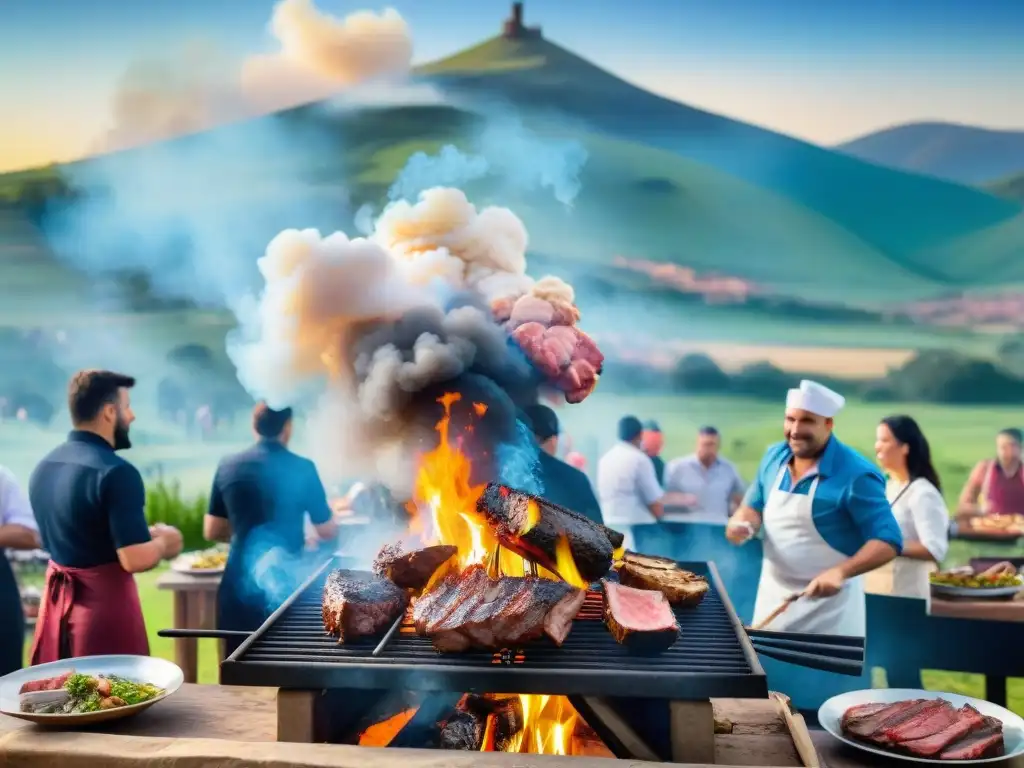 En un vibrante festival de asado en Uruguay, la parrilla humeante y la multitud ansiosa crean una atmósfera festiva y auténtica