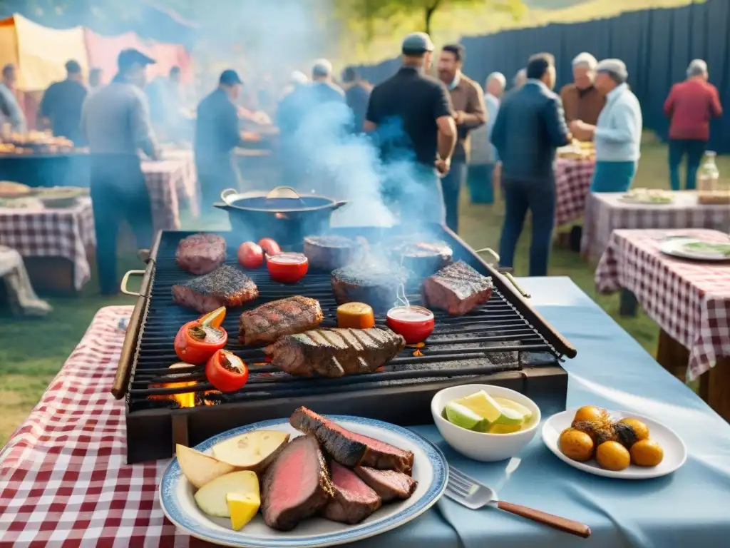 Vibrante festival de asado en Uruguay: parrilla llena de carne, gente disfrutando vino y conversaciones bajo cielo azul