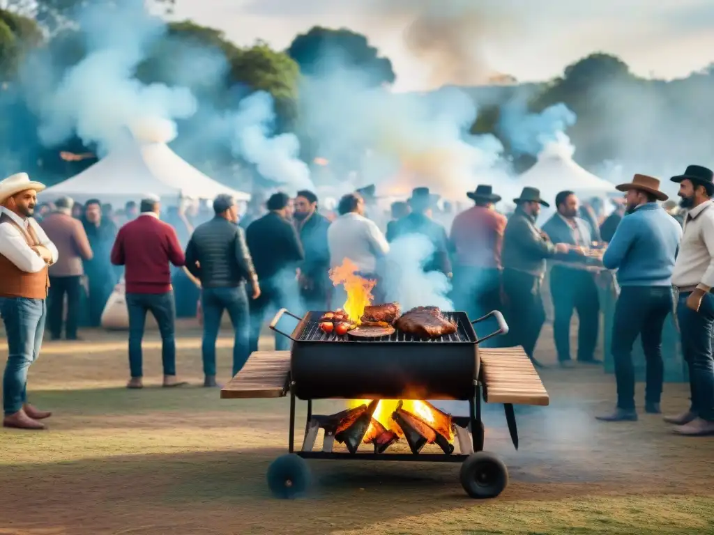 Un vibrante festival de asado en Uruguay: parrillas llenas de carne, gente disfrutando y decoraciones coloridas bajo el sol