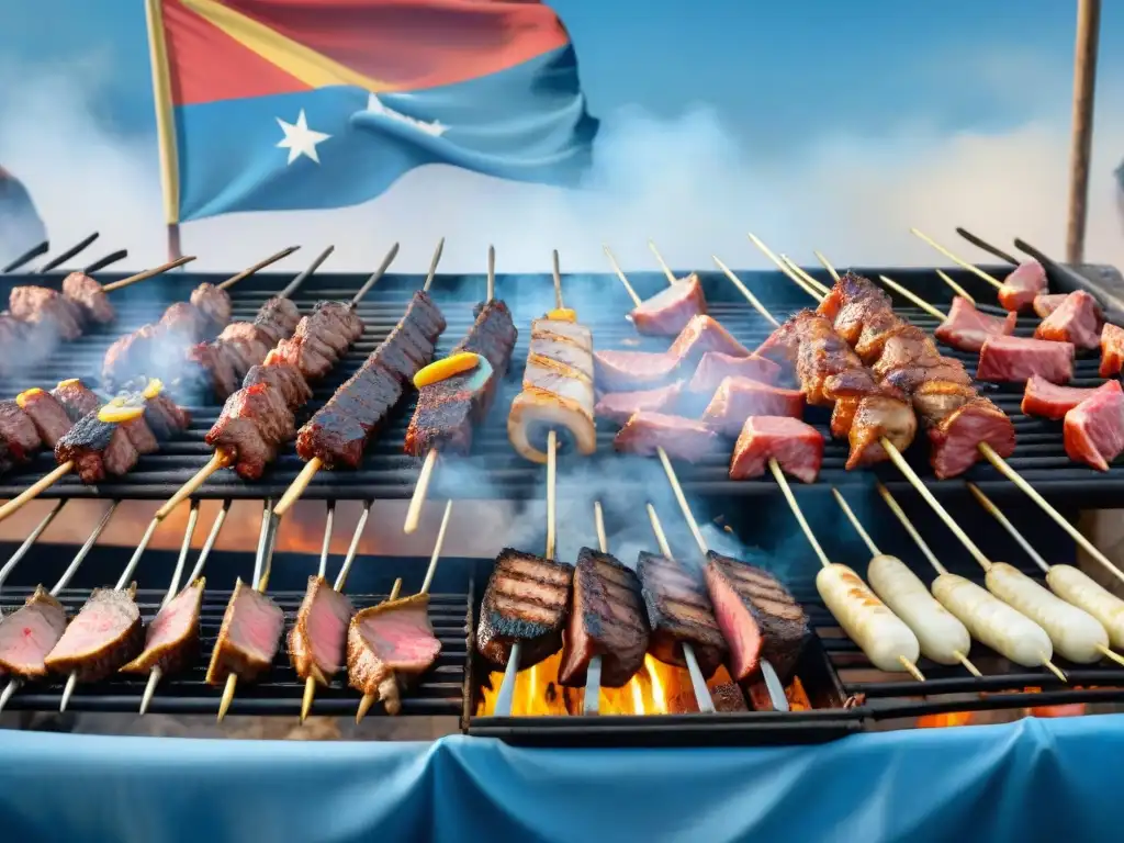 Vibrante festival de asado en Uruguay, con parrillas tradicionales y multitud diversa bajo el cielo azul