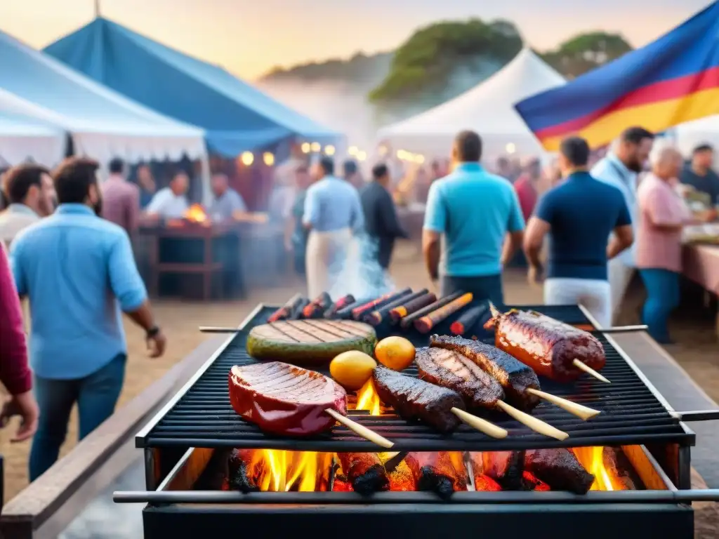 Un vibrante festival de asado en Uruguay, con sizzling meats en la parrilla y la calidez del atardecer