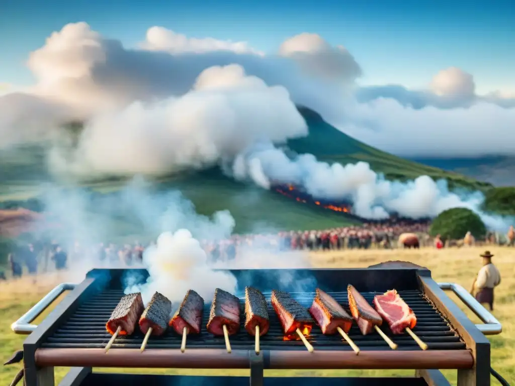 Vibrante festival de asado uruguayo con gauchos expertos asando carne en grills enormes, inmersos en la historia del asado uruguayo festivales