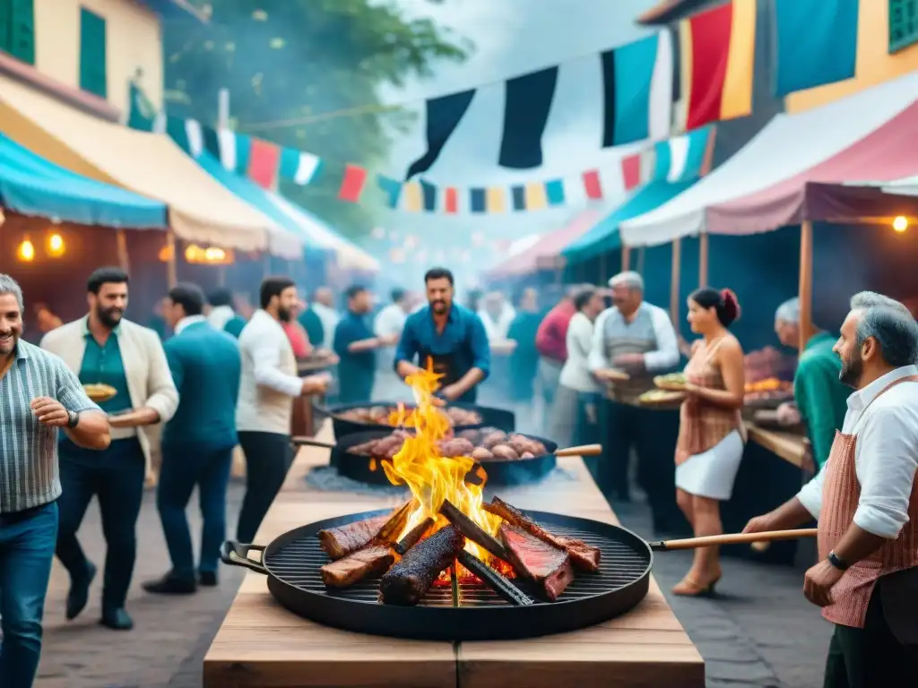 Un vibrante festival callejero en Uruguay dedicado al asado tradicional, con locales y turistas disfrutando de la atmósfera festiva