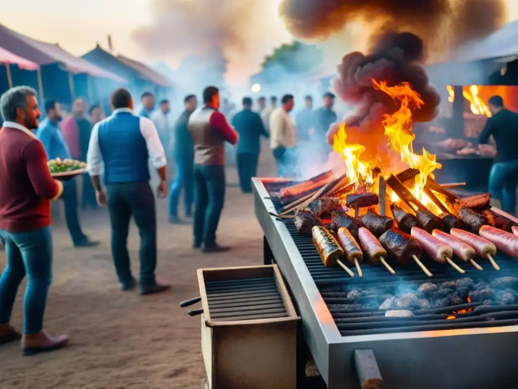 Vibrante festival gastronómico asado uruguayo con parrillas humeantes y gente ansiosa por probar