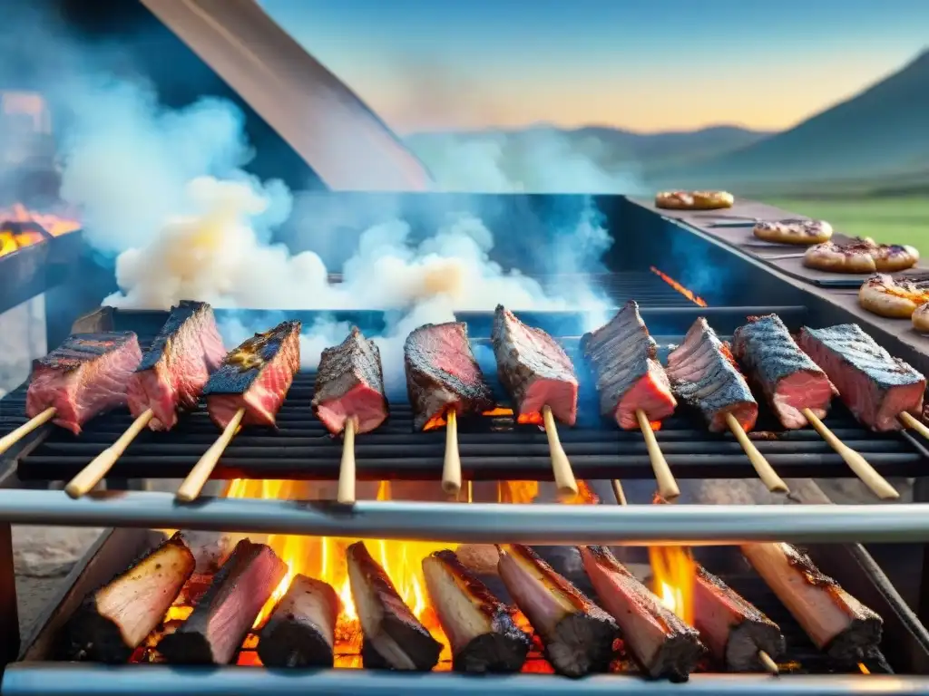 Celebración vibrante de festivales de carne uruguaya en parrilla, con gauchos y una multitud disfrutando bajo el cielo azul