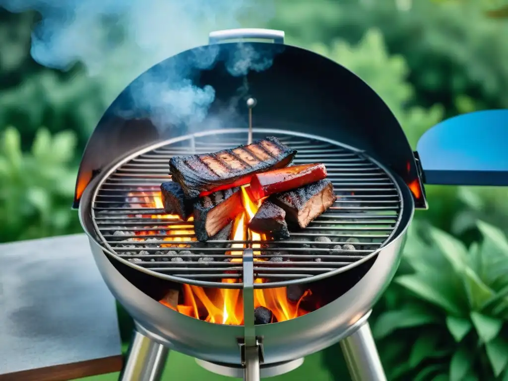 Vibrante imagen de un asador moderno con ventilador de carbón, rodeado de briquetas incandescentes y humeantes en un jardín soleado