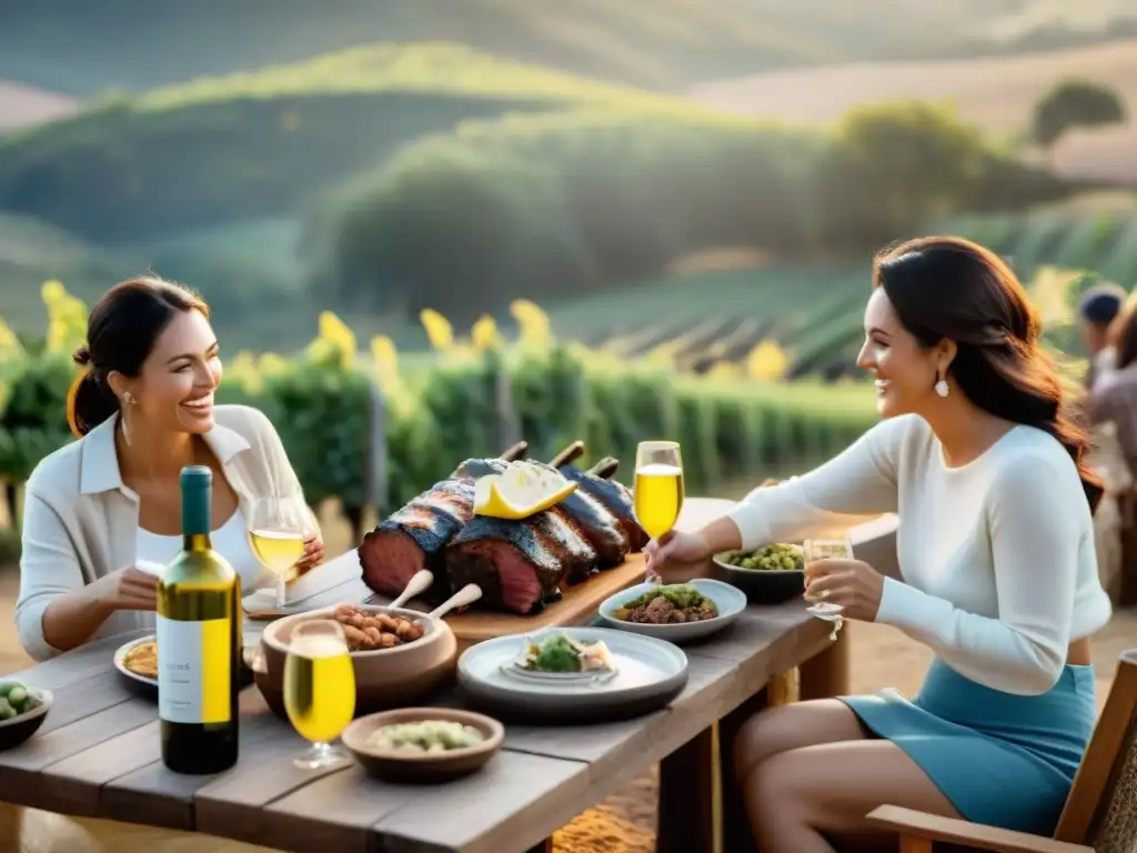 Un vibrante maridaje para asado uruguayo casero en un día soleado de verano, con amigos y vino blanco casero