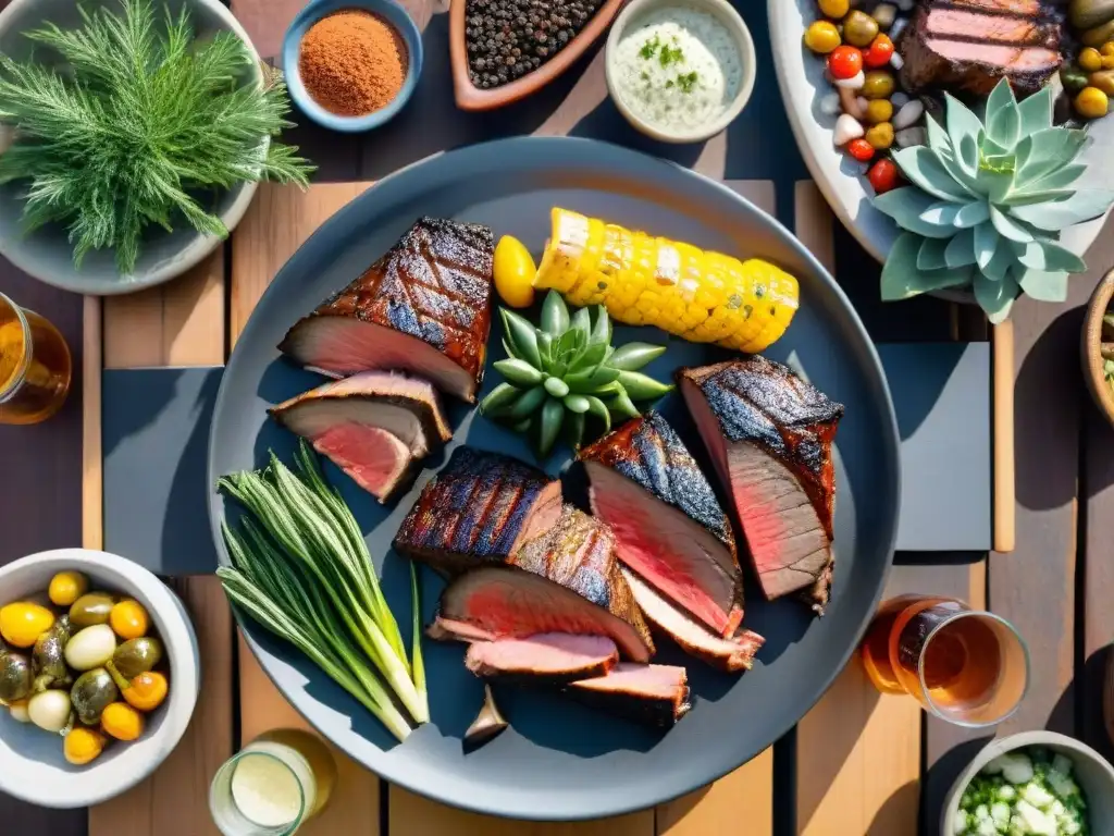 Un vibrante maridaje de cervezas artesanales y asado uruguayo, con carnes y vegetales en una escena al aire libre