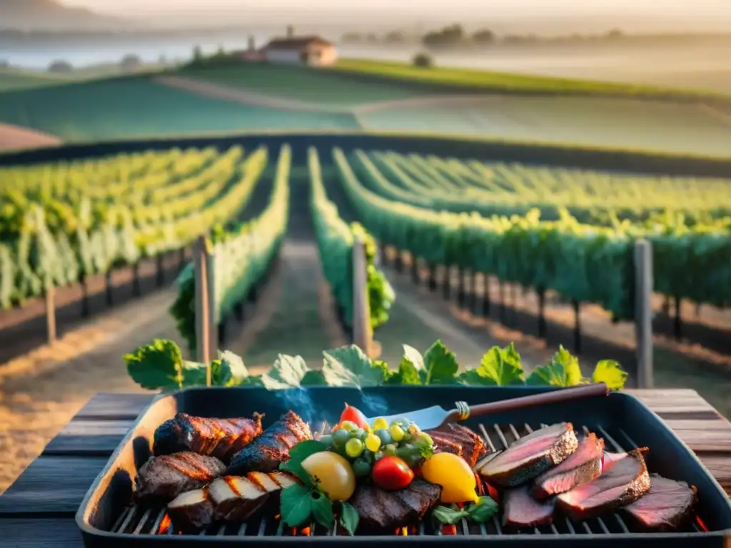 Vibrante maridaje vinos asados Uruguay en viñedo al atardecer