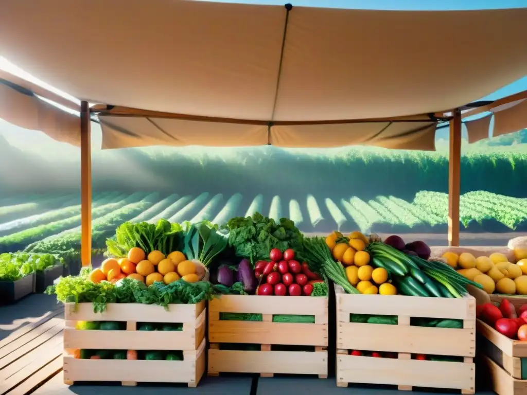 Un vibrante mercado de agricultores con productos frescos y coloridos bajo el toldo, transmitiendo la esencia de 'Consejos para un asado ético'