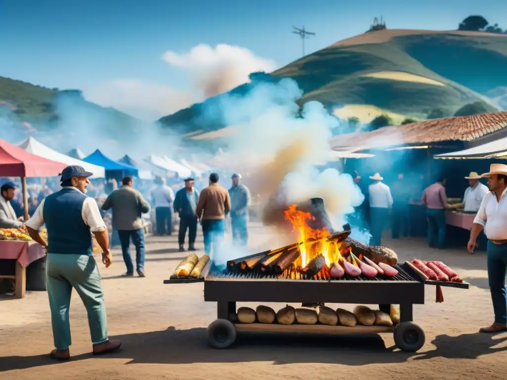 Vibrante mercado al aire libre en Uruguay con asado uruguayo a la parrilla, reflejando el impacto económico del asado uruguayo