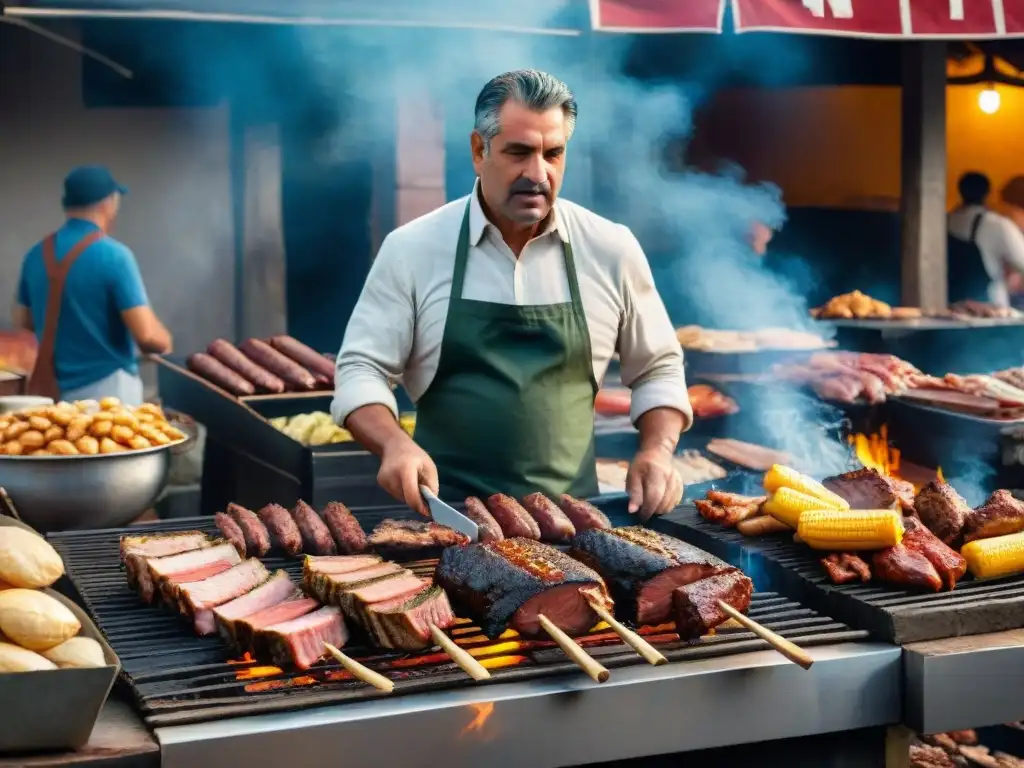 El vibrante mercado al aire libre en Uruguay, con vendedores ofreciendo cortes de carne a la parrilla y platos de asado