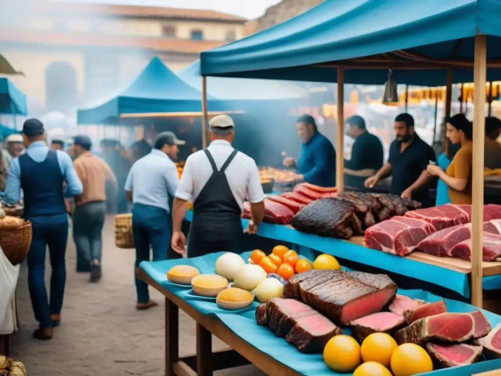 Un vibrante mercado al aire libre en Uruguay con asadores tradicionales, marcas y ambiente festivo