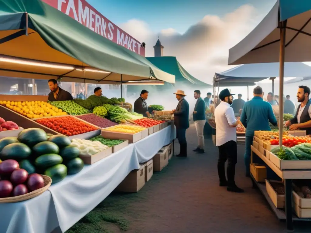 Un vibrante mercado en Montevideo, Uruguay, con asado vegano y vegetales frescos bajo el sol sudamericano