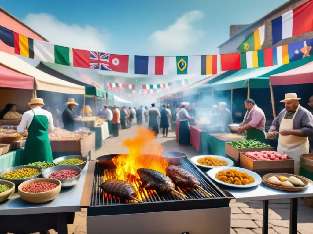 Un vibrante mercado de comida al aire libre donde hay intercambio de recetas y asado uruguayo, en un ambiente de diversidad y exploración culinaria