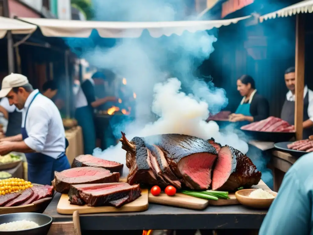 Vibrante mercado uruguayo con asadores, cortes premium y ambiente comunitario, reflejando el impacto económico del asado uruguayo