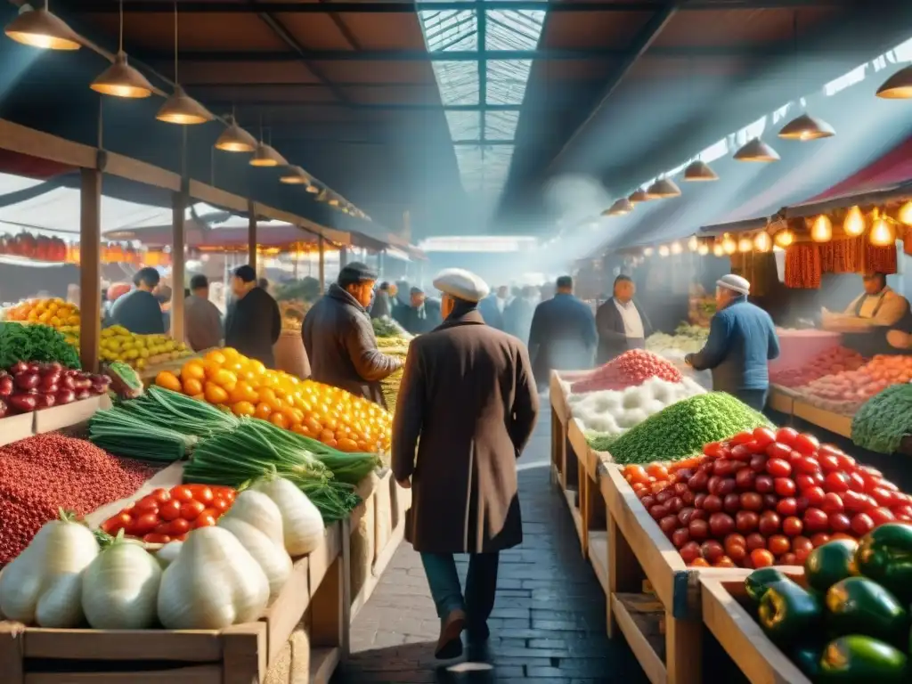 Un vibrante mercado uruguayo con ingredientes frescos para recetas de salsas asado uruguayo