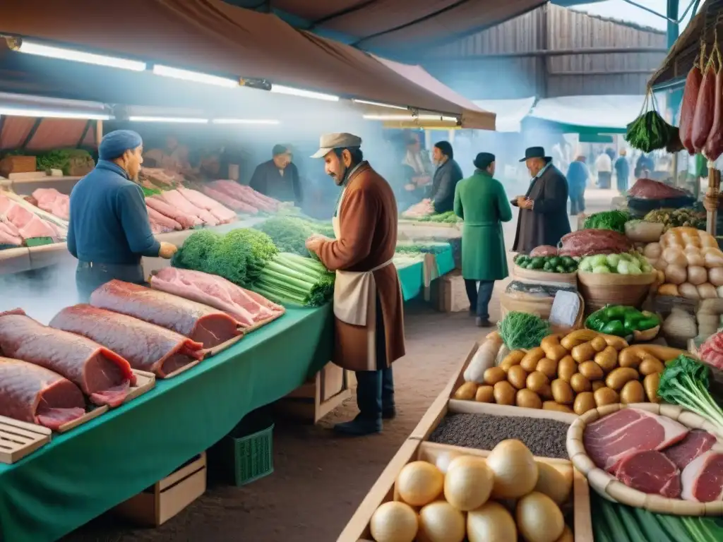 Vibrante mercado uruguayo con venta de carne asada local y productos frescos