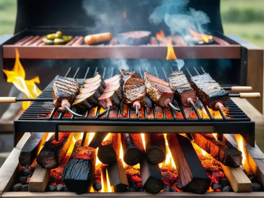 Vibrante parrilla uruguaya con cortes de carne y asador experto, en un ambiente acogedor