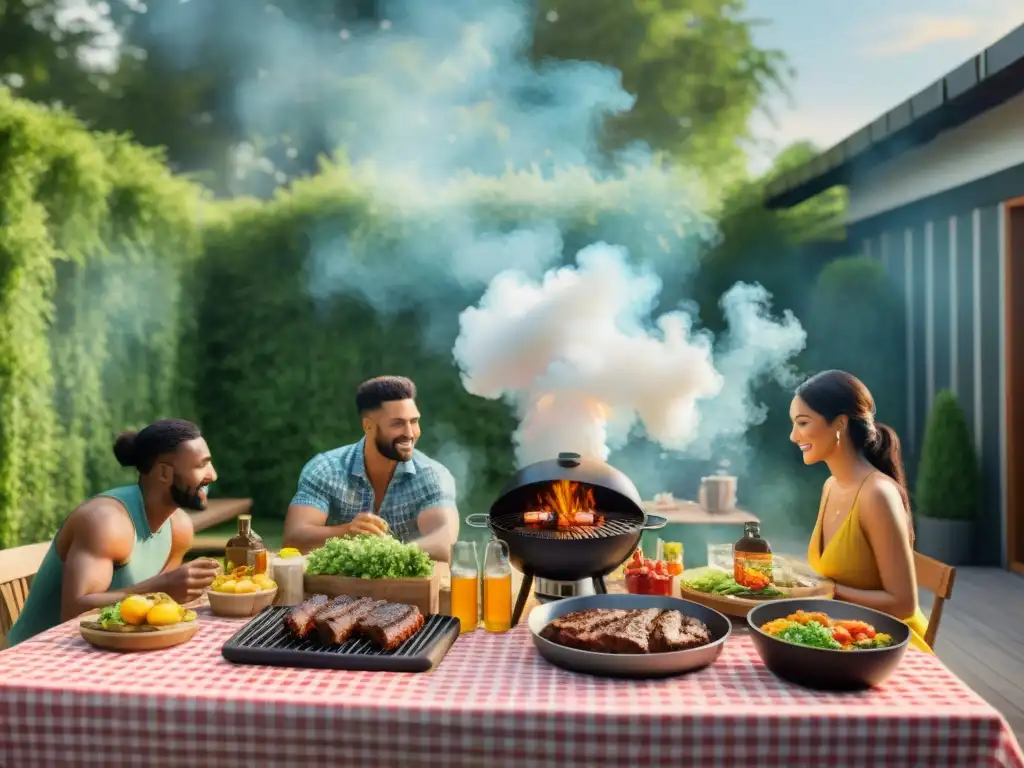 Un vibrante patio al aire libre lleno de equipos para asar, con personas preparando carnes y acompañamientos, en una atmósfera festiva al atardecer