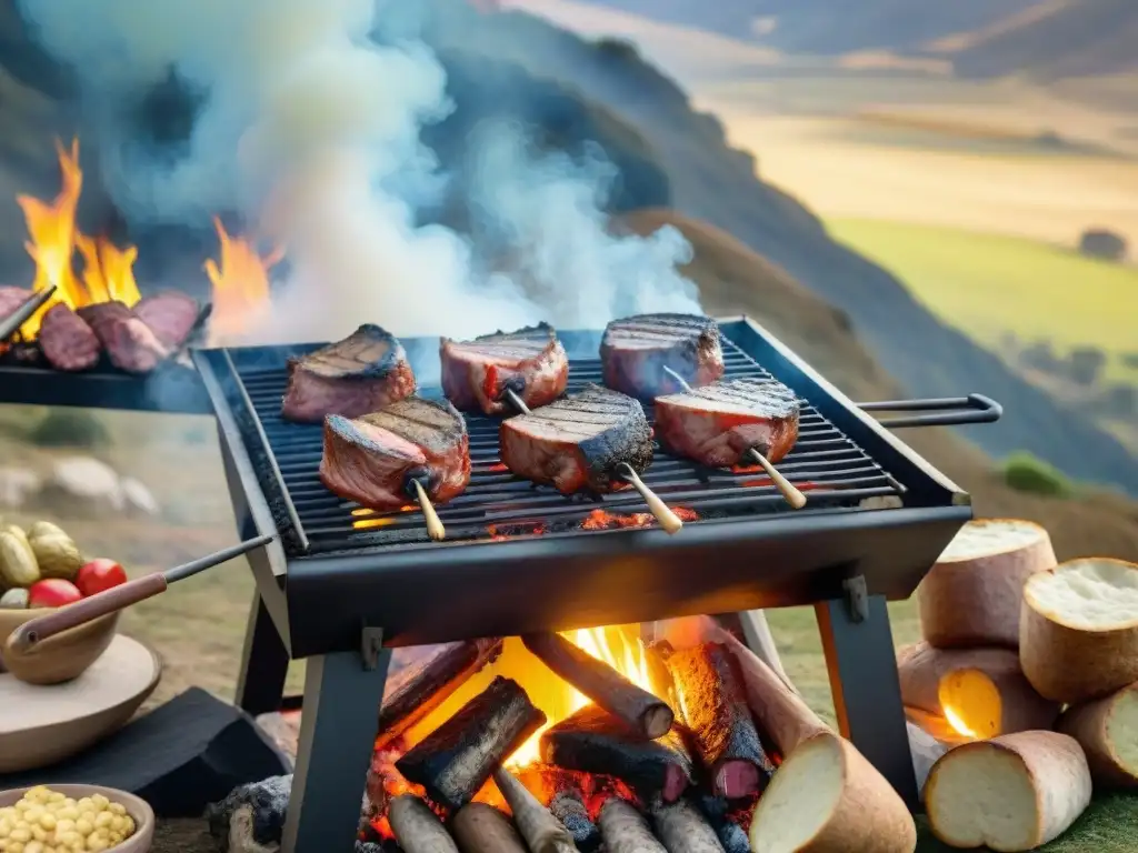 Vibrante patrocinio tradicional asado uruguayo en el campo con gente y carne asándose sobre brasas calientes