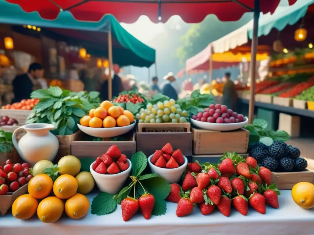 Un vibrante puesto de mercado con frutas frescas y hierbas aromáticas, ideal para preparar sangría casera para asados