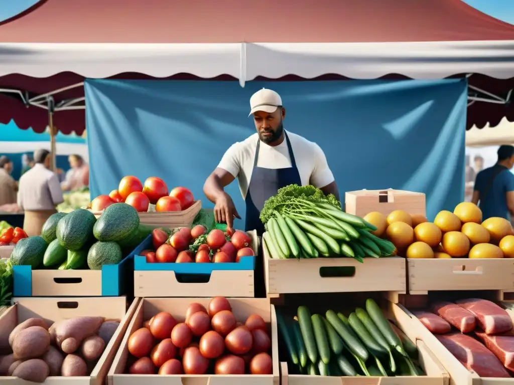 Un vibrante puesto de mercado con productos frescos y clientes felices, bajo un cielo azul