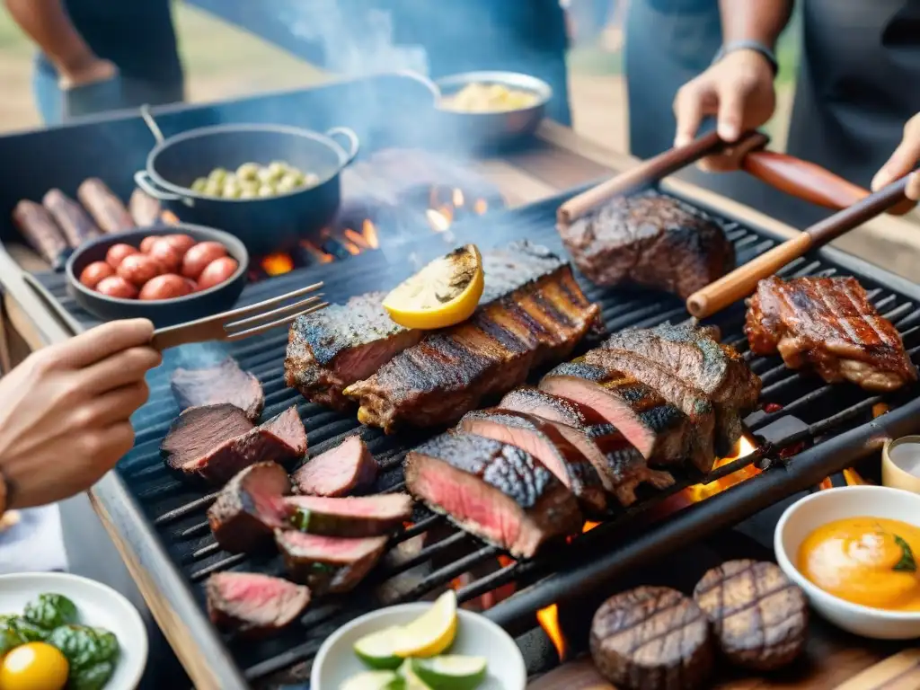 Vibrante reunión al aire libre para asado al asador con familia y amigos, decoraciones coloridas y deliciosas carnes sizzling