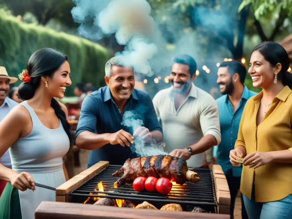 Vibrante reunión alrededor de un asado uruguayo, resaltando los beneficios sociales del compartir comida y conversación